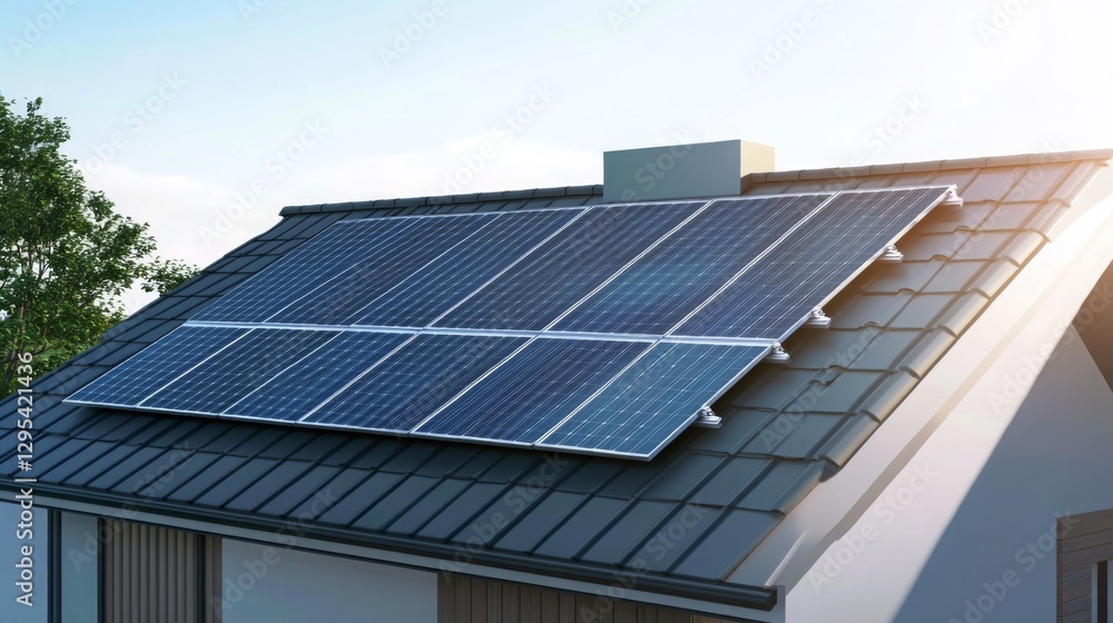 Solar panels installed on a modern roof enhance energy efficiency in residential areas Solar panels installed on a modern roof enhance energy efficiency in residential areas