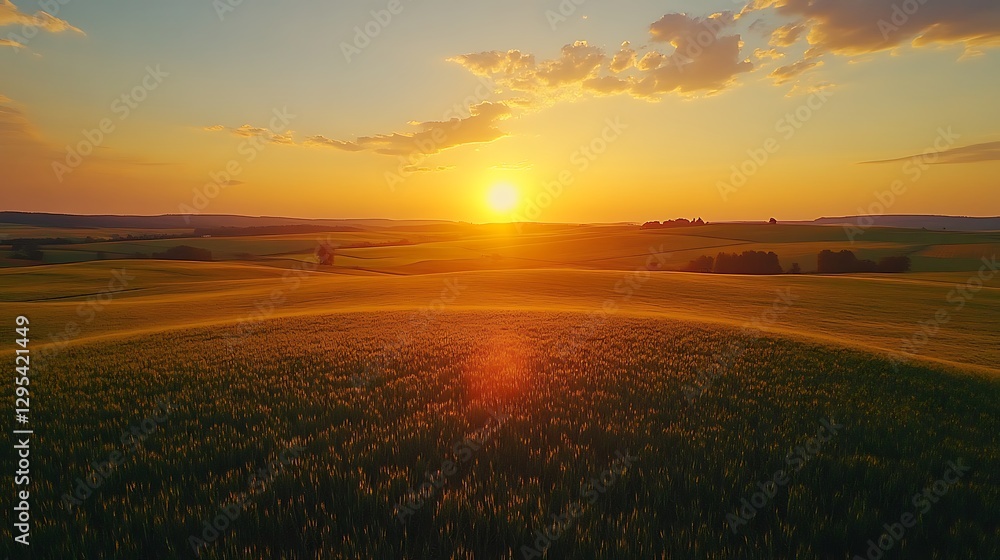 Obraz premium Drone Over Vineyard at Sunset, A drone flying over a lush green vineyard at sunset, with rolling hills in the background