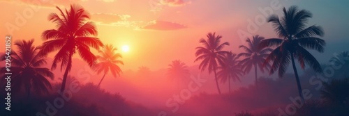 Misty palm silhouettes, translucent glass, warm backlighting , leaves, texture, out of focus