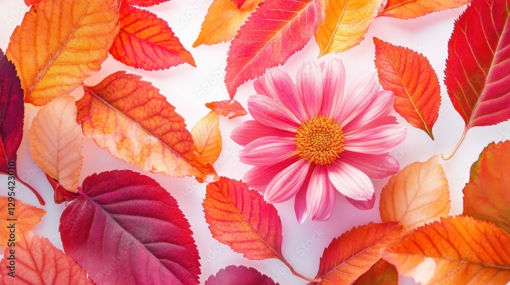 Fototapeta premium Colorful autumn leaves surround a pink flower on white background