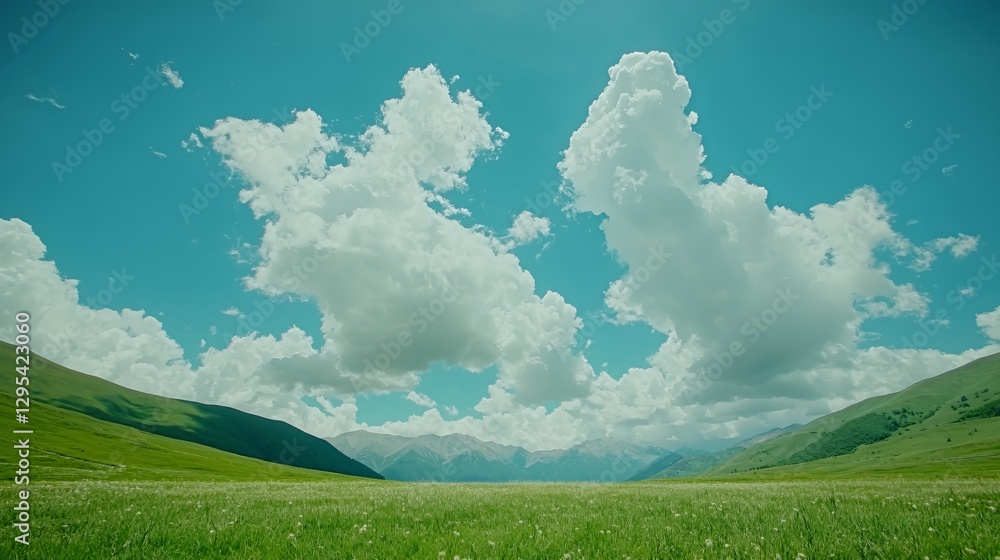 Fototapeta premium Serene Summer Landscape: Green Field with White Flowers under a Blue Sky and Fluffy Clouds