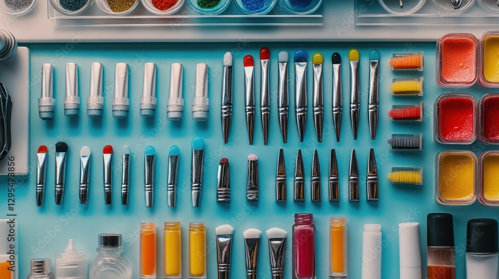 Neatly organized collection of makeup tools and cosmetic containers Neatly organized collection of makeup tools and cosmetic containers
