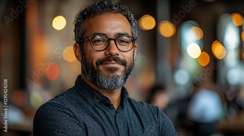 Confident Middle-Aged Man with Graying Hair and Glasses Smiling in a Bokeh Background