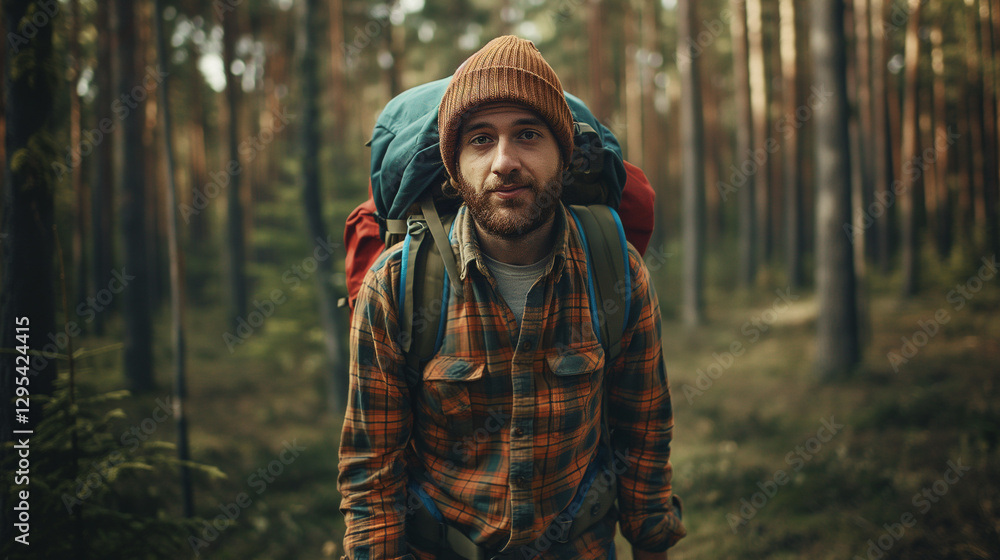 A traveler with a backpack in the forest. A traveler with a backpack in the forest.