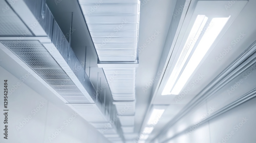 Modern industrial ceiling with air ducts and LED lights in a clean and organized space Modern industrial ceiling with air ducts and LED lights in a clean and organized space