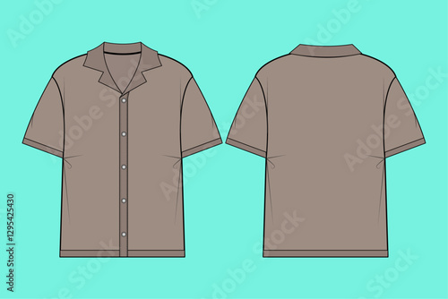  Men's revere collar shirt flat sketch outline CAD mock up.