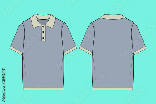 Colour block button down polo front and back outline flat sketch template cad mockup