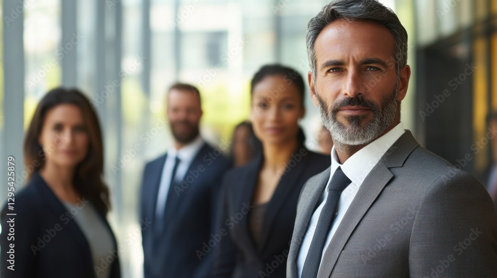 A confident business team stands together in a modern office setting. The group showcases professionalism and teamwork, exemplifying corporate success and collaboration. A confident business team stands together in a modern office setting. The group showcases professionalism and teamwork, exemplifying corporate success and collaboration.