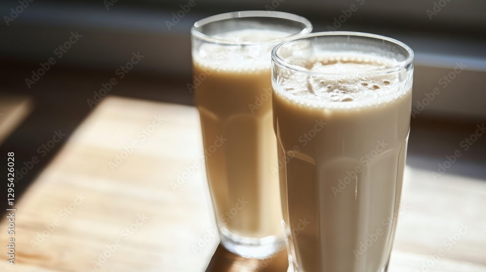 Refreshing beverages served in tall glasses on a wooden table, capturing the afternoon light beautifully Refreshing beverages served in tall glasses on a wooden table, capturing the afternoon light beautifully