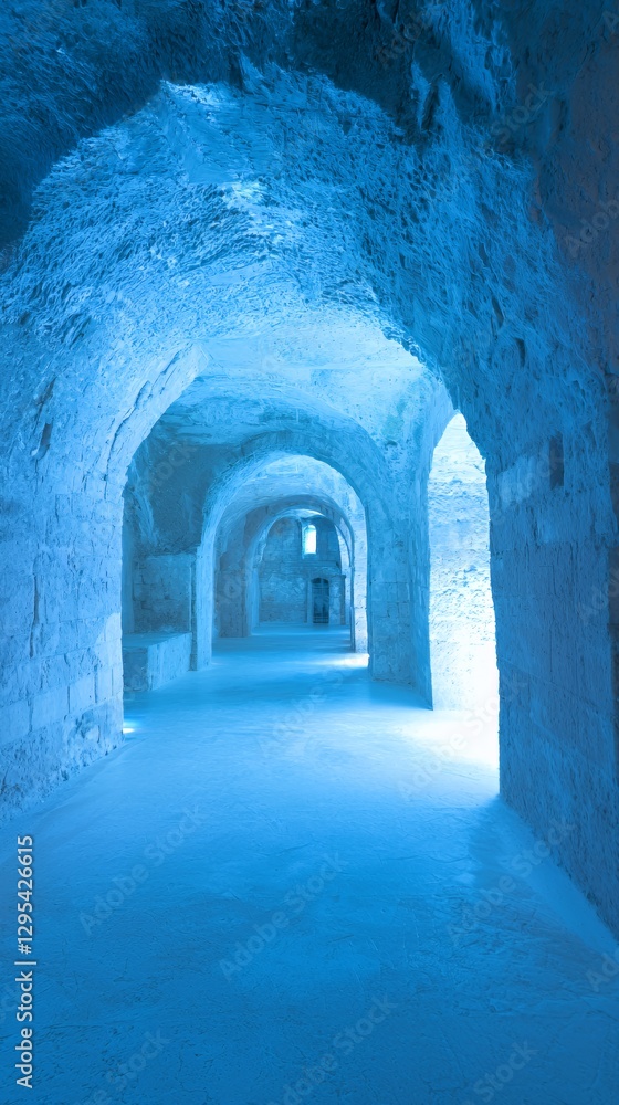 Fototapeta premium Blue Lit Stone Archway Tunnel Interior