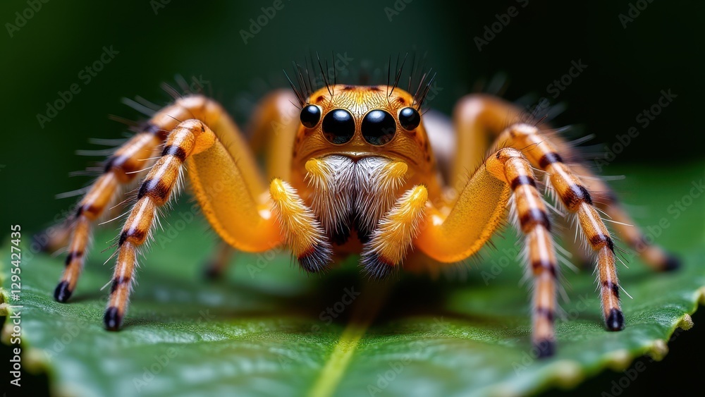 Fototapeta premium A close-up of a barn funnel weaver spider with striking orange and black markings on a green leaf