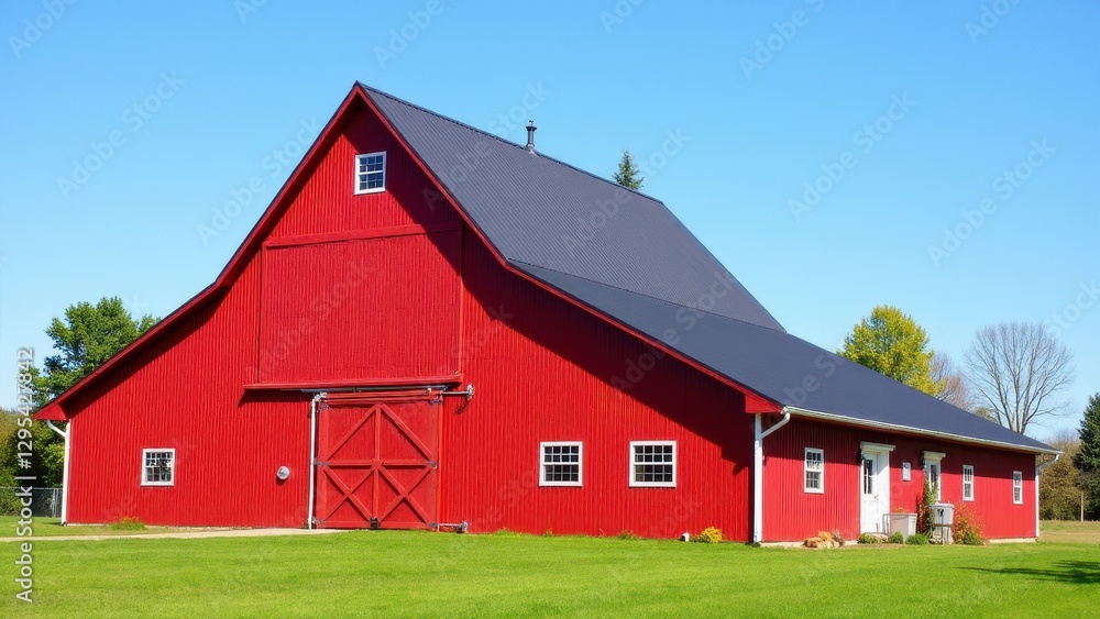 A large red barn with a black roof stands prominently against a clear blue sky, surrounded by green grass and trees. The barn roof is steeply pitched and features multiple windows. A large red barn with a black roof stands prominently against a clear blue sky, surrounded by green grass and trees. The barn roof is steeply pitched and features multiple windows.