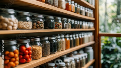 Wallpaper Mural Organized pantry jars with dried foods on wooden shelves Torontodigital.ca