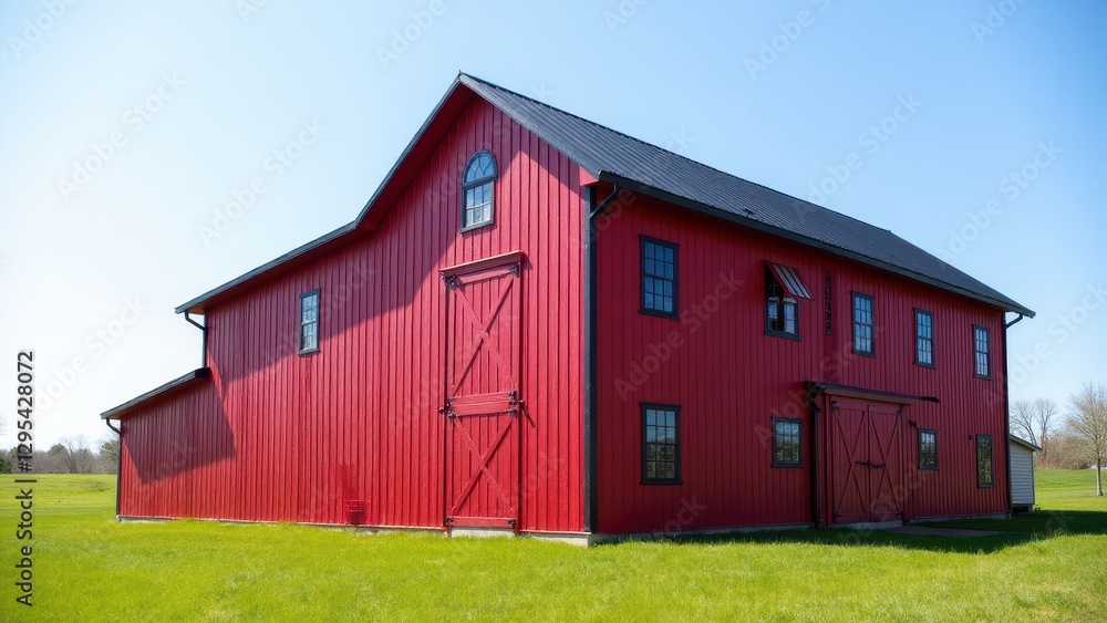 A red barn with a black roof stands on a green field under a clear blue sky. The barn features multiple windows and large doors.