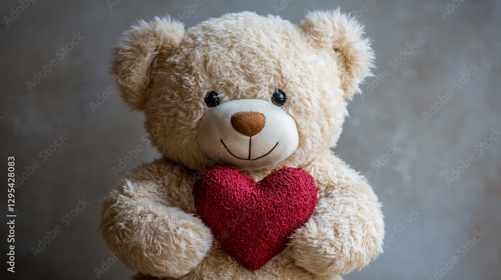 Obraz premium A cute teddy bear holding a heart made of fabric