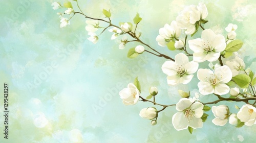 Serene Spring Blossoms: A Watercolor Painting of Delicate White Flowers Against a Soft Aqua Background