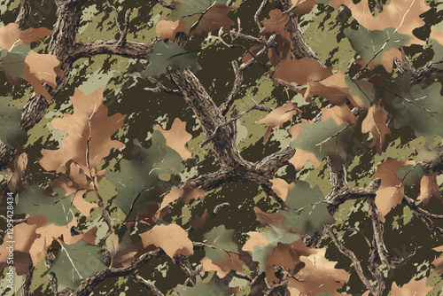 Realistic forest camouflage pattern for hunting. Hunting Seamless Pattern. Conifer tree, branches and leaves. Useable for hunting and military purposes. Oak tree vector hunting camouflage pattern