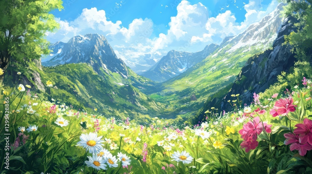 Fototapeta premium Beautiful valley view with vibrant flowers and majestic mountains