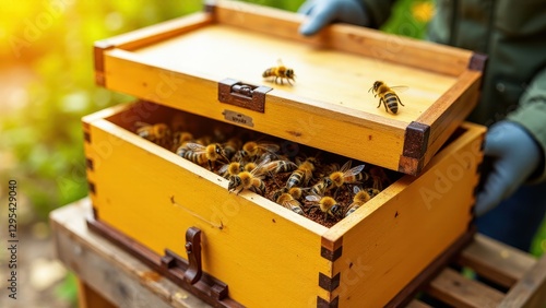 A beekeeper opens a bee colony box, revealing a thriving colony of bees inside.
