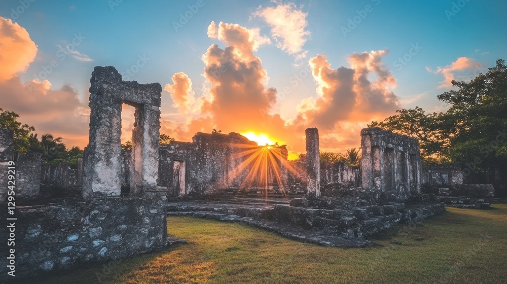 Fototapeta premium Ancient ruins stand against a vibrant sunset sky background