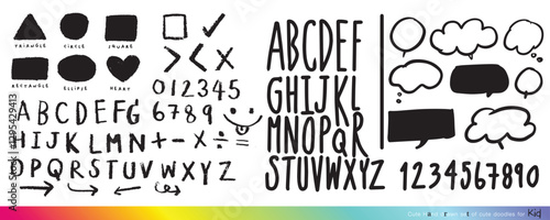 Cute doodle Vector background with black and white letters and number, Cute doodle Alphabet,alphabet pattern,Alphabet and number Black dry brushstrokes hand drawn vector set