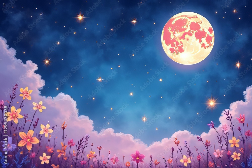Dreamy Night Sky with Flowers and Full Moon Dreamy Night Sky with Flowers and Full Moon