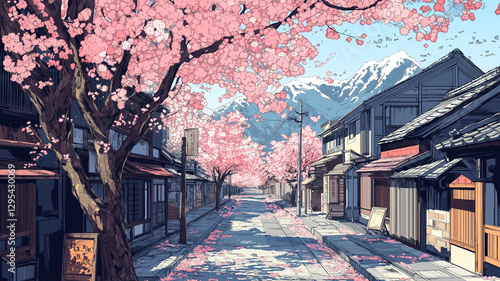 春爛漫の和風街並み｜満開の桜と伝統的な町屋の風景