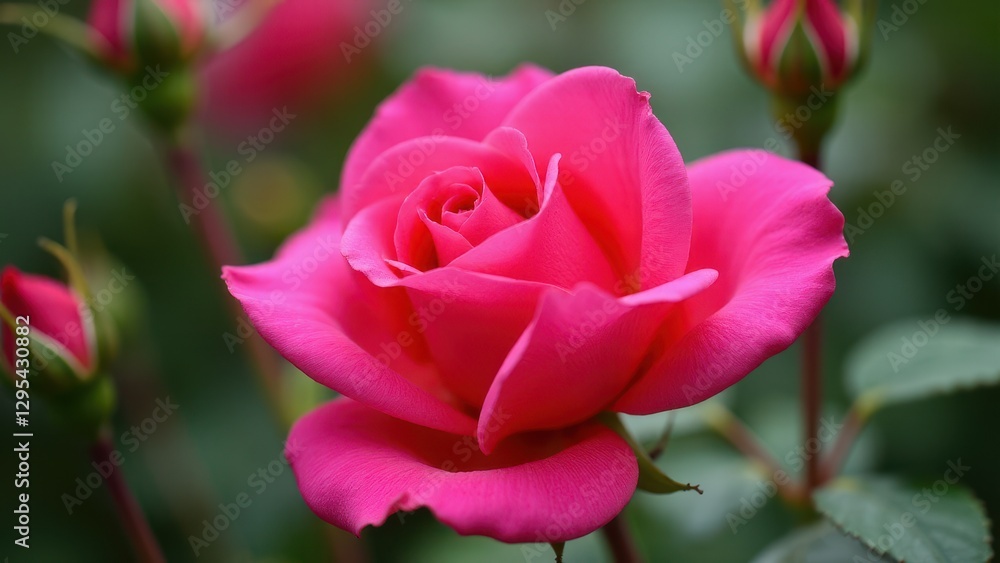 A vibrant blooming rose with rich pink petals in full bloom, surrounded by green foliage. A vibrant blooming rose with rich pink petals in full bloom, surrounded by green foliage.