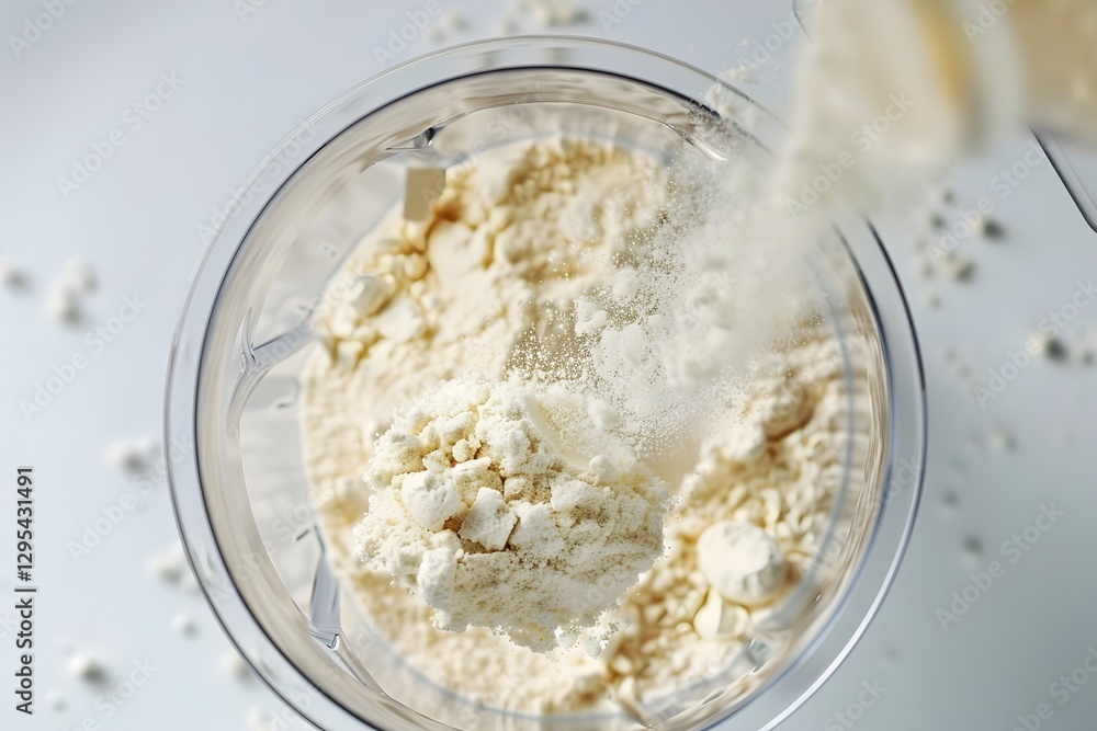 Overhead Shot of Whey Protein Powder Being Poured into a Blender with Dynamic Motion