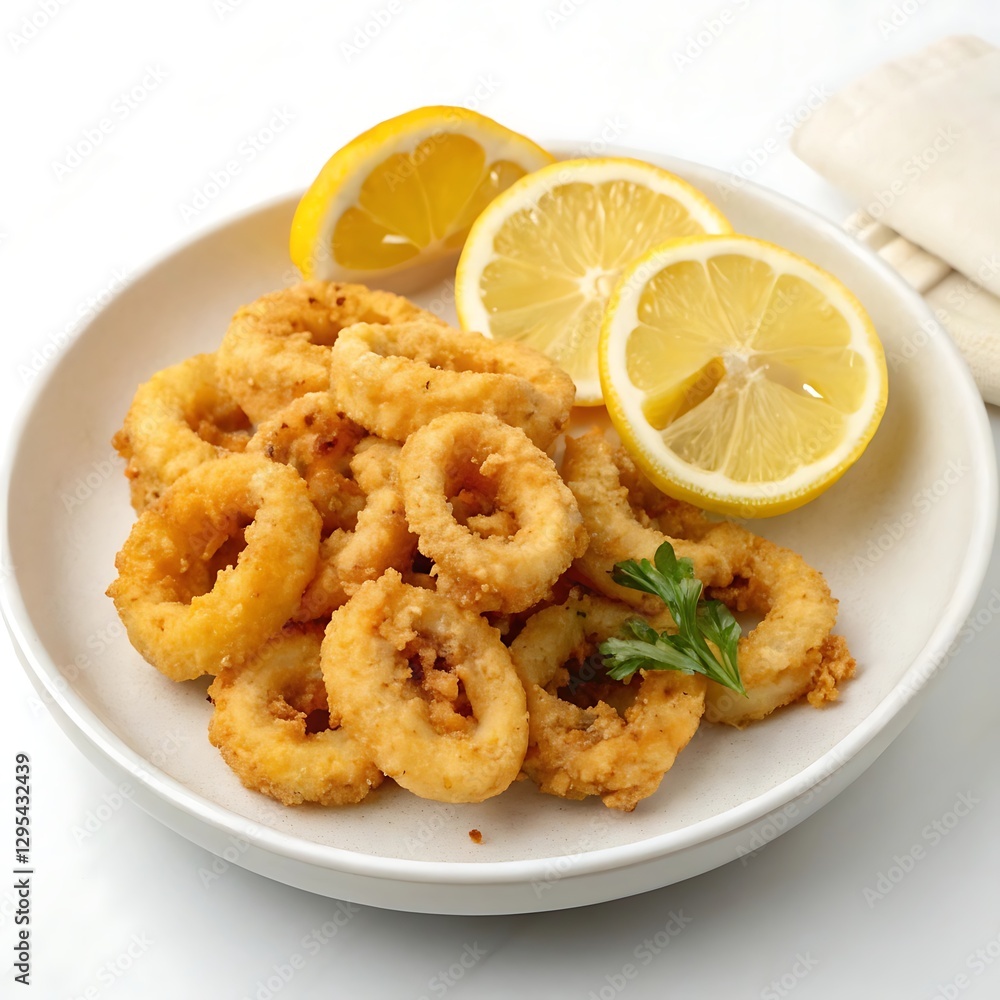 Fried calamari with lemon slices isolated on white background Fried calamari with lemon slices isolated on white background