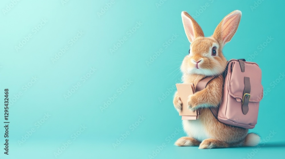 Obraz premium Cute bunny with backpack holding book against teal background. Easter, Pascha, Paskha, Ostern, Pascua, Paques - Orthodox and Catholic Holiday celebration