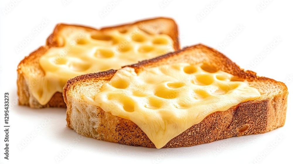 Two slices of toasted bread topped with melted cheese. Perfect for food blogs, menus, or recipes showcasing cheesy goodness. Two slices of toasted bread topped with melted cheese. Perfect for food blogs, menus, or recipes showcasing cheesy goodness.