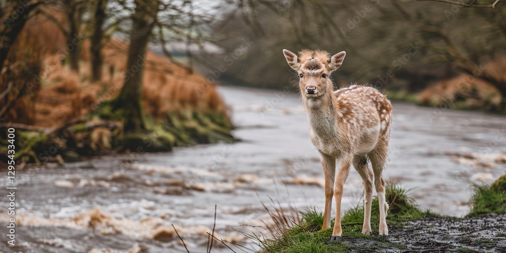 Fototapeta premium A deer stands in a forest by a river. Anime background Minimalistic Photo