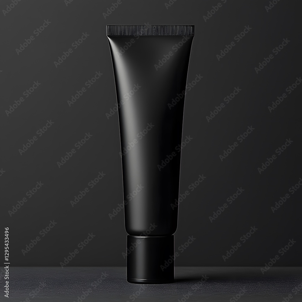 A single black cosmetic tube stands in a dark studio environment A single black cosmetic tube stands in a dark studio environment
