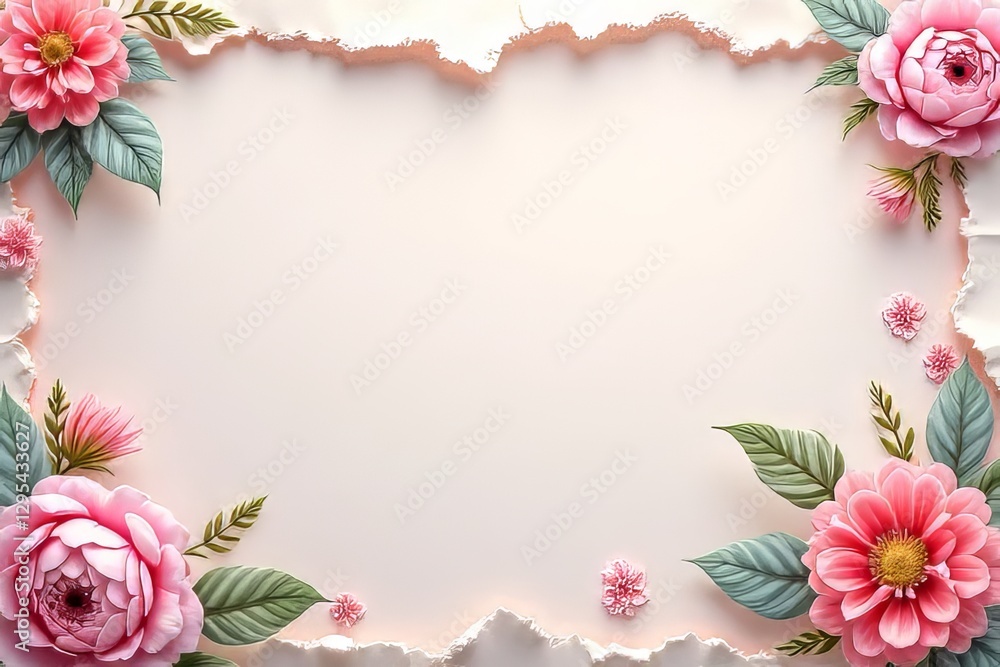 Elegant Pink Floral Border on Ripped Paper Background Elegant Pink Floral Border on Ripped Paper Background