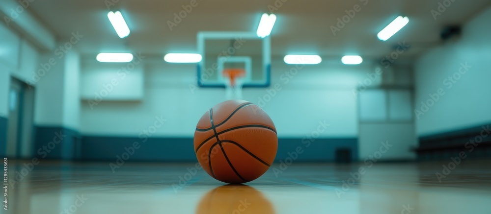 Fototapeta premium Basketball on Gym Floor with Blurred Hoop Background
