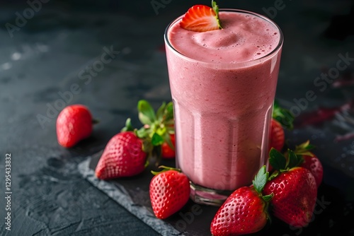 Vibrant Strawberry Whey Protein Smoothie in Tall Glass, Fresh and Creamy Texture