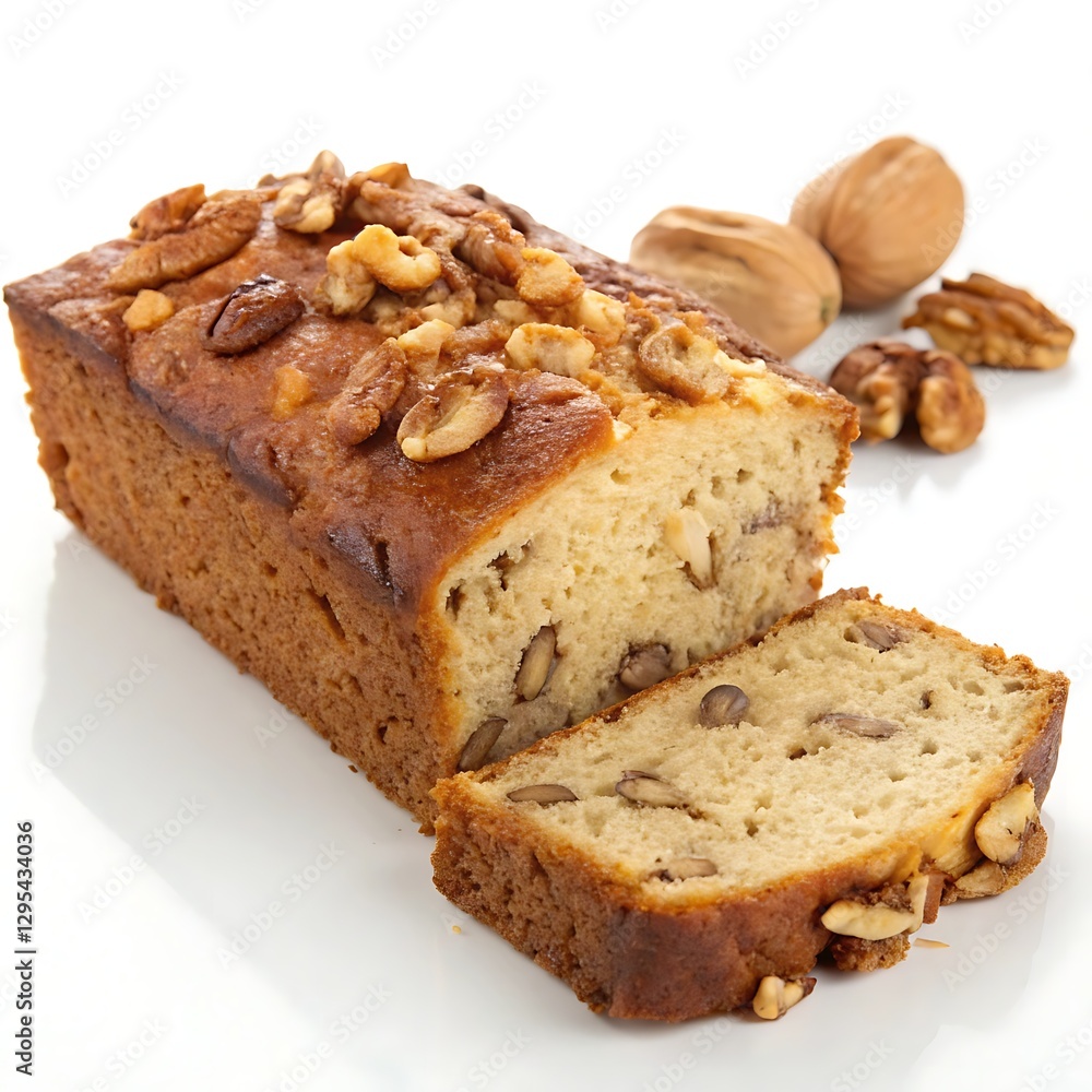 Banana bread with walnuts isolated on white background Banana bread with walnuts isolated on white background