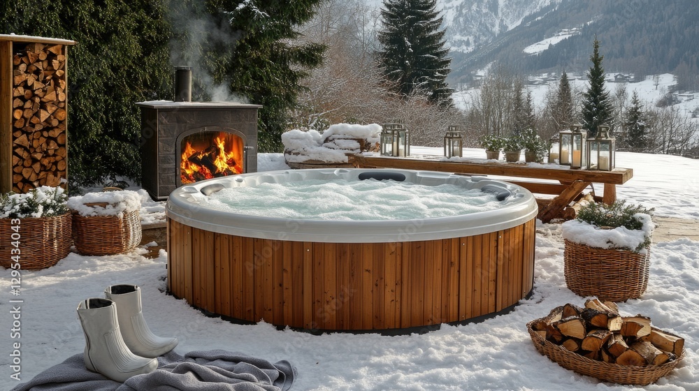 Cozy outdoor hot tub in winter wonderland with fireplace and rustic decor Cozy outdoor hot tub in winter wonderland with fireplace and rustic decor