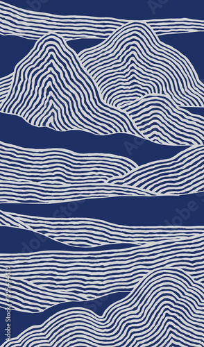 Crafted hand drawn brush line abstract landscape mountains background, Japanese and ethnic folk wood carving, engraving, weaving textured surface, simple graphic for textile, carpet, gift wrap
