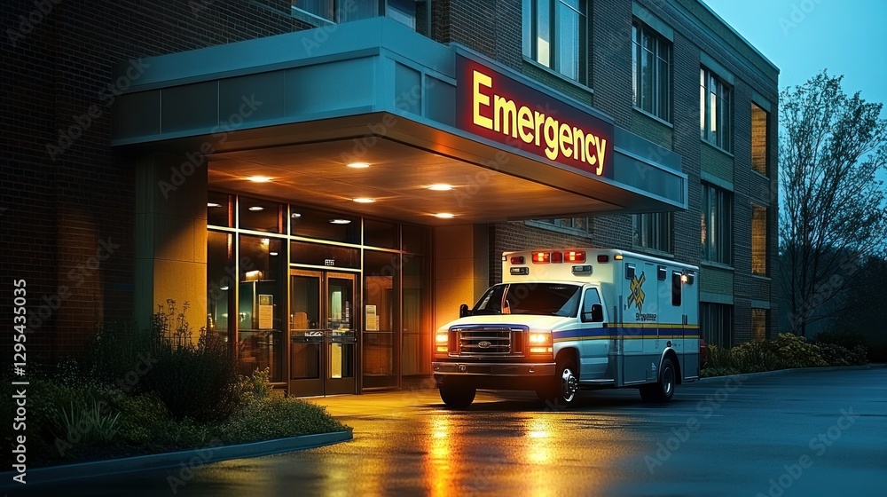 © ProPhotos - A large rural hospital building with an 'Emergency' sign, glowing against the dark night sky, with a lone ambulance parked under the building's overhang.