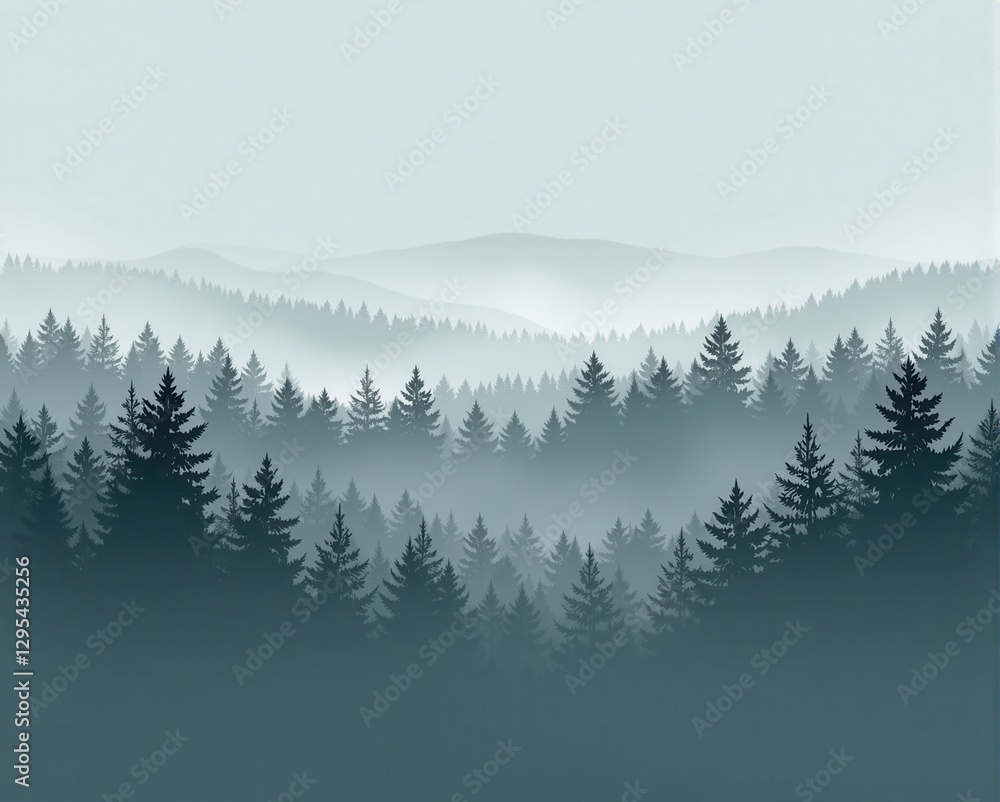 Fototapeta premium A serene landscape featuring layered forests and misty mountains, creating a tranquil and atmospheric view of nature.