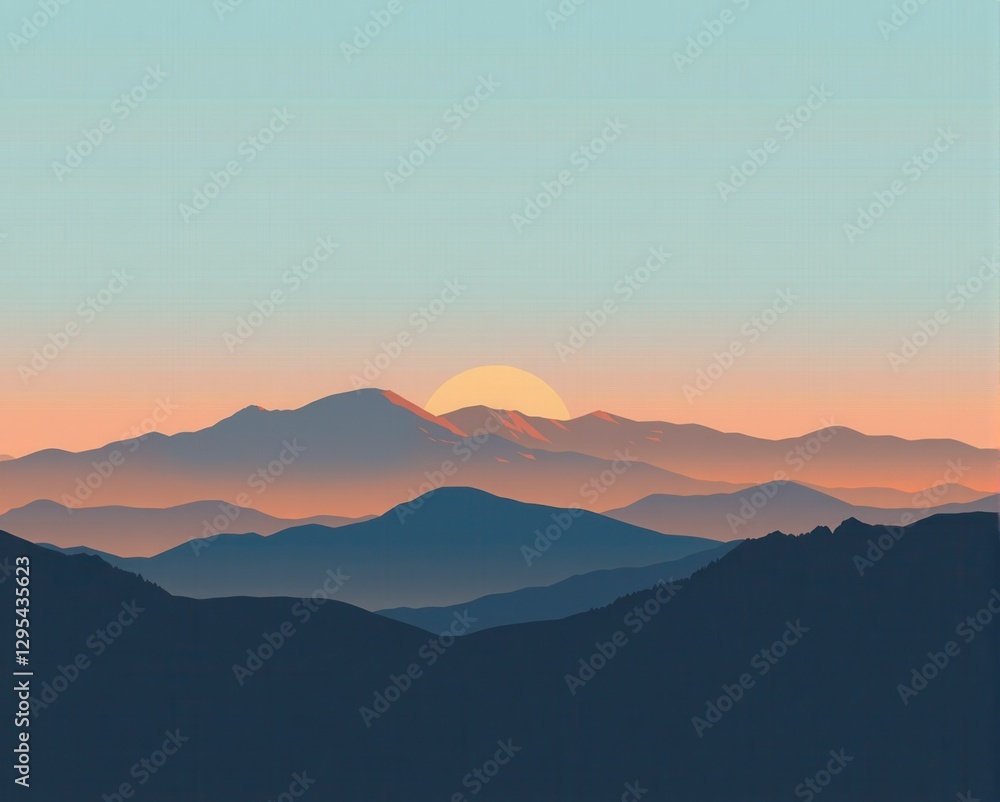 Fototapeta premium A serene mountain landscape at sunrise, showcasing layered peaks and a soft gradient sky transitioning from blue to warm hues.