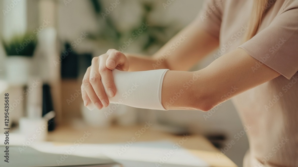 Obraz premium A person applying a compression bandage to their elbow in a modern home office. Featuring support and protection