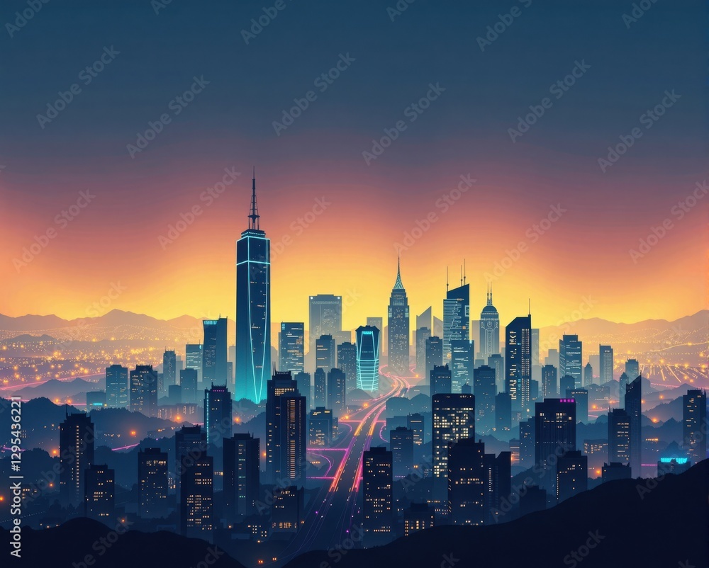 Fototapeta premium A vibrant city skyline at dusk, showcasing towering skyscrapers illuminated by colorful lights against a gradient sky.