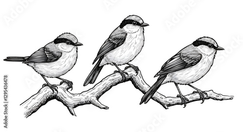 Birds Perched on Branch Detailed Pen and Ink Drawing on White
