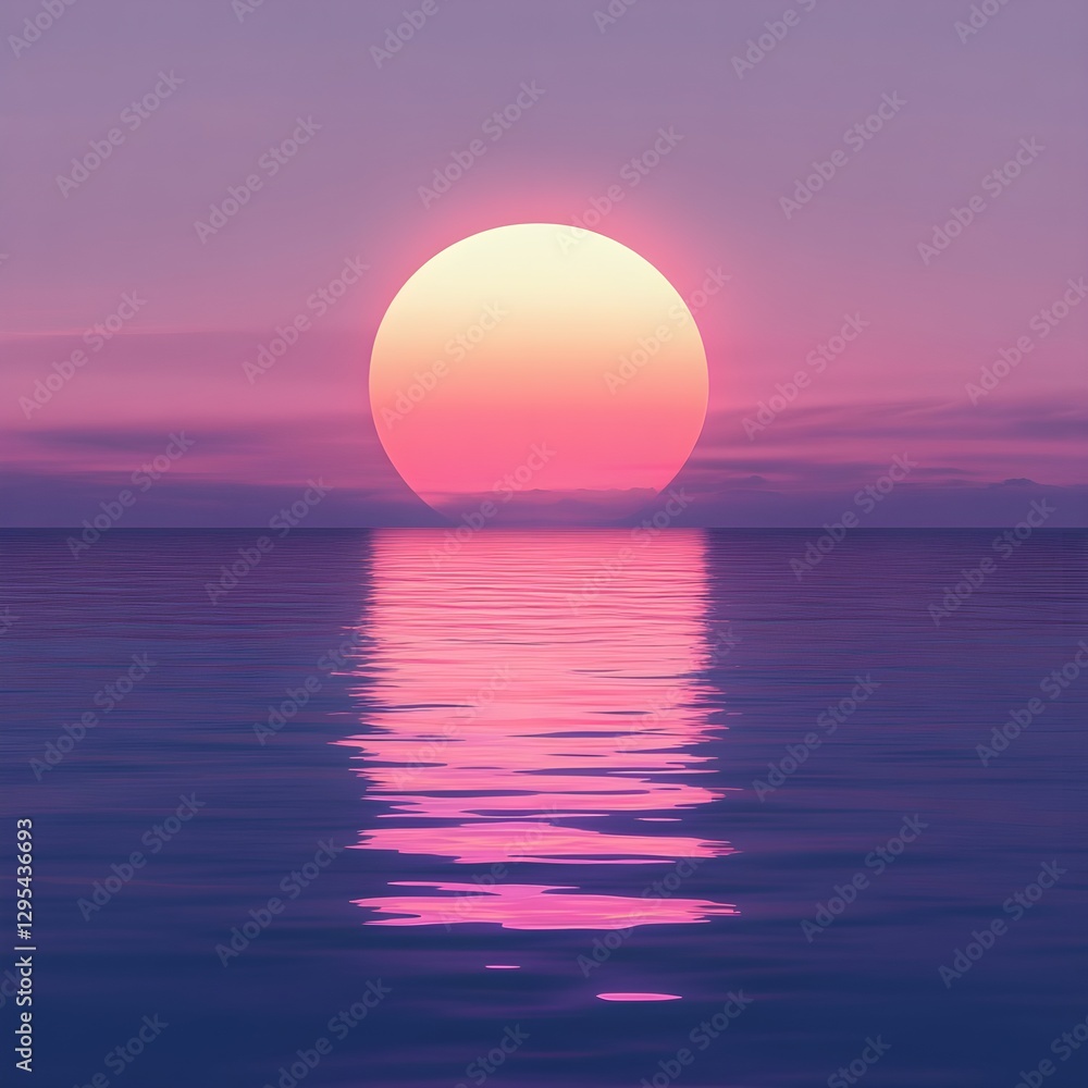 A large, pink sun sets over a calm, purple ocean. The sun's reflection is visible on the water.