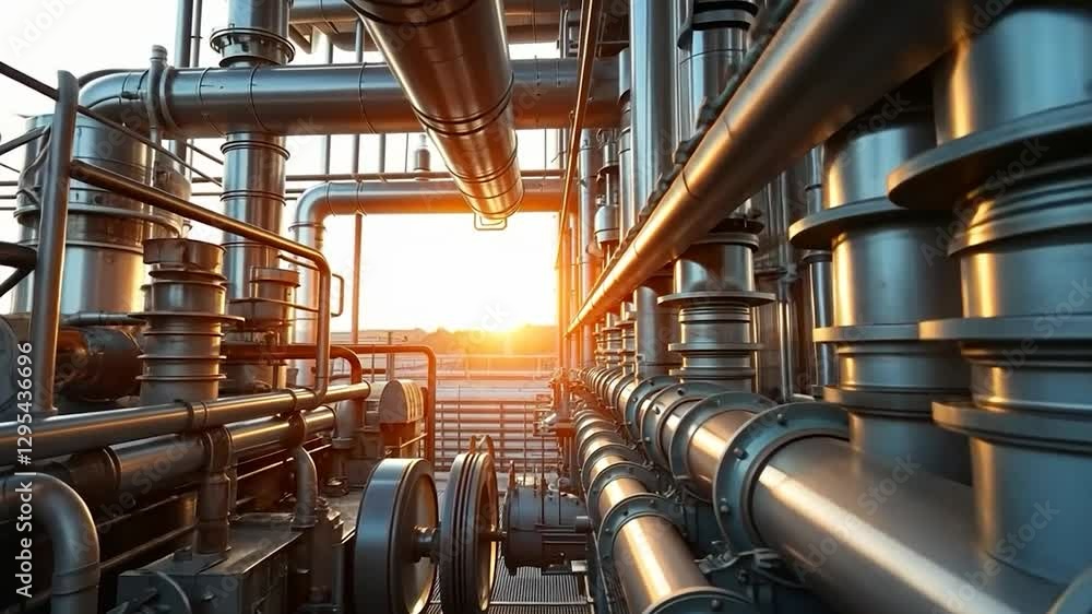 Industrial Sunset: A Stunning View of Complex Refinery Pipes and Machinery at Golden Hour Industrial Sunset: A Stunning View of Complex Refinery Pipes and Machinery at Golden Hour