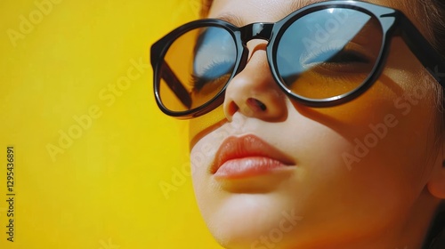 Girl in sunglasses, yellow background, portrait