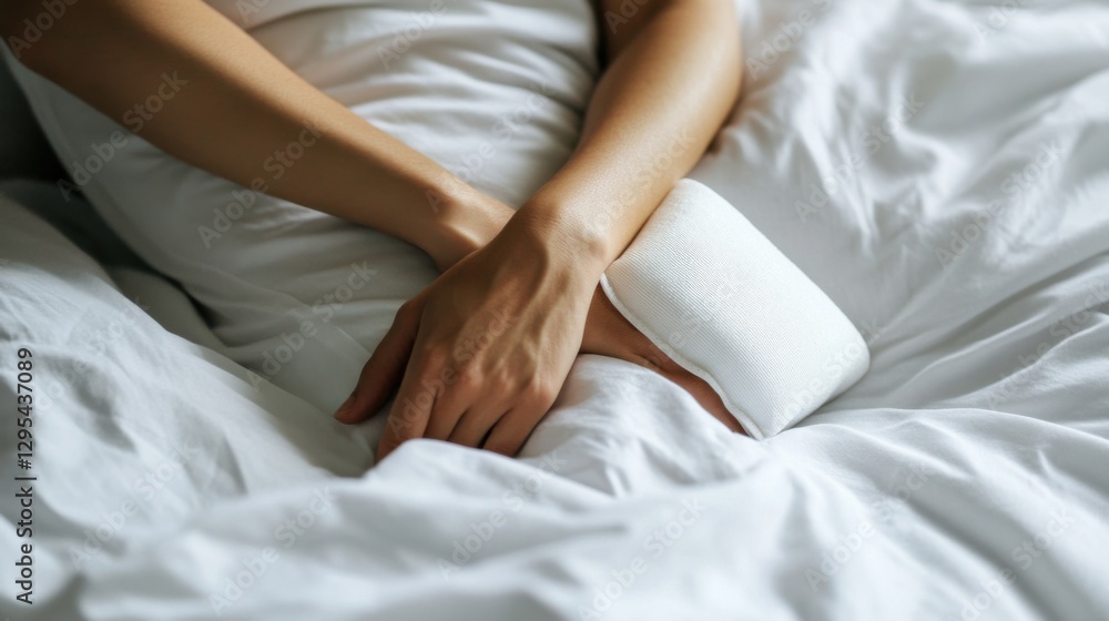 A person applying a heat pad to their elbow in a minimalist bedroom. Featuring pain relief and relaxation A person applying a heat pad to their elbow in a minimalist bedroom. Featuring pain relief and relaxation